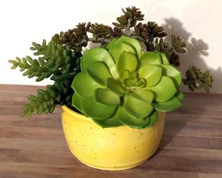 A bright yellow speckled planter to keep summer around just a little bit longer.