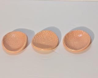 A set of three sweet little blue dishes for your dresser. slight warping